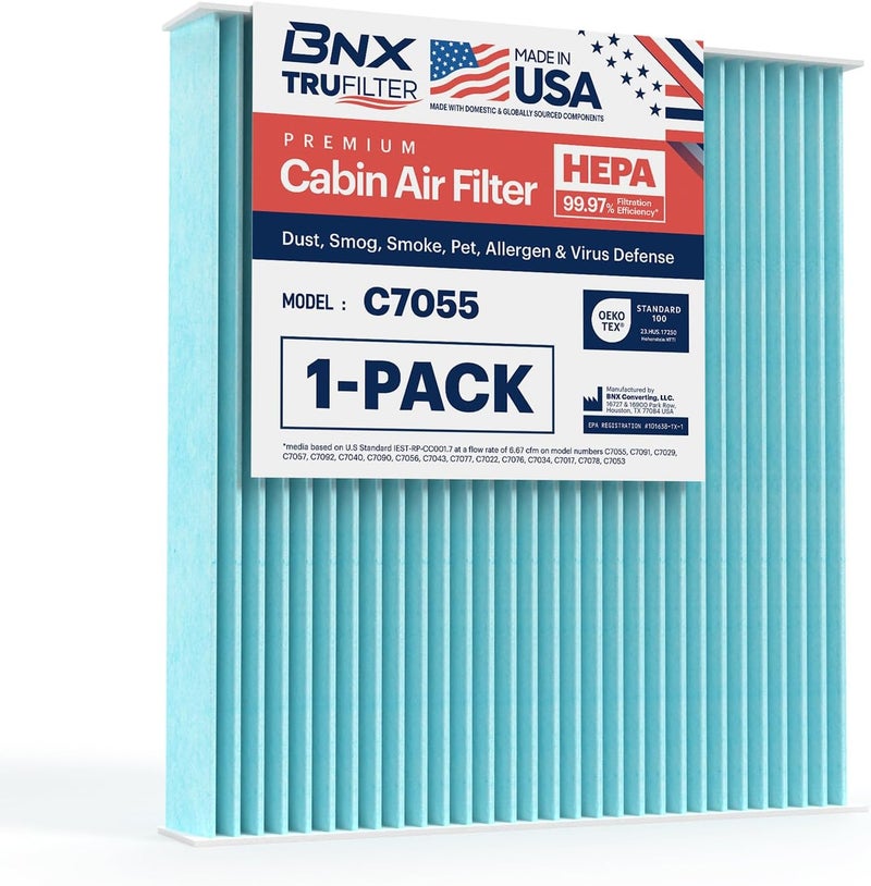 BNX TruFilter C7055 Cabin Air Filter, HEPA 99.97%, MADE IN USA, Compatible With Toyota Camry, Corolla, Highlander, RAV4, Tundra, Prius, 4Runner; Subaru Outback, Legacy; Lexus RX, GS, GX, IS, LS, ES - Image 1